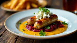 Schafskäse-Currywurst mit Rote-Beete-Pommes