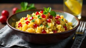 Scharfe Granatäpfel auf Couscous