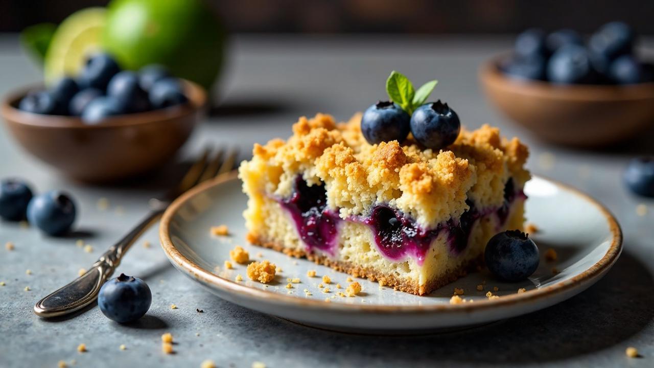 Schlesischer Streuselkuchen mit Blaubeeren und Limette