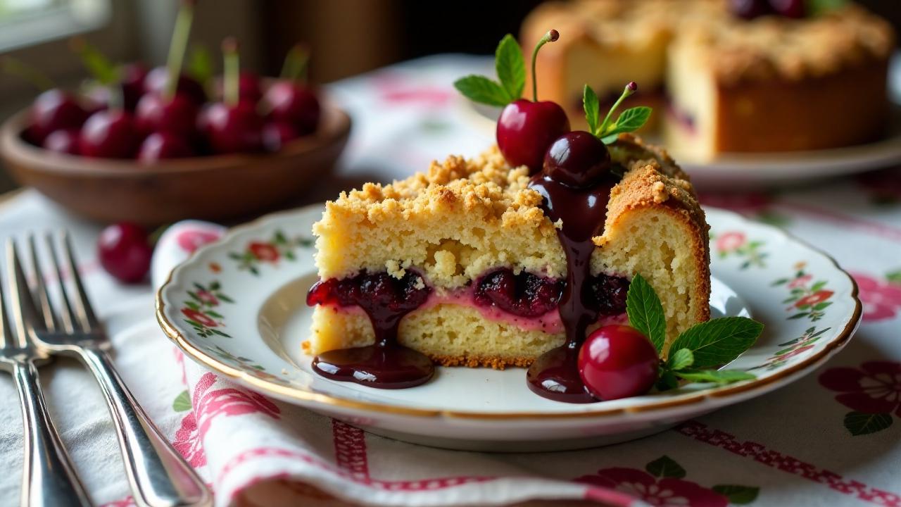 Schlesischer Streuselkuchen mit Kirschen und Schokolade