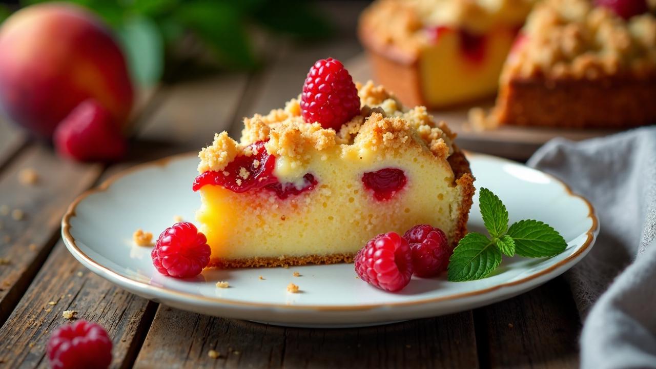 Schlesischer Streuselkuchen mit Nektarinen und Himbeeren