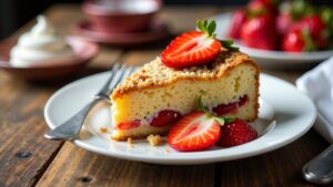 Schlesischer Streuselkuchen mit Schlagsahne und Erdbeeren