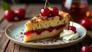 Schlesischer Streuselkuchen mit Schokoraspeln und Kirschen