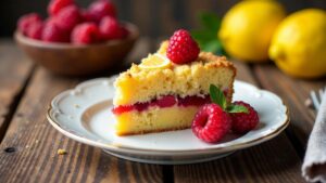 Schlesischer Streuselkuchen mit Zitronenquark und Himbeeren