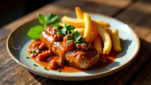 Schwarze-Bohnen-Currywurst mit Tomaten-Pommes