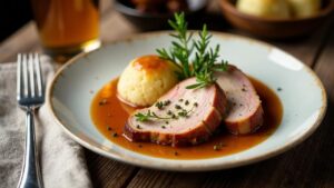 Schweinebraten mit Biersauce und Semmelknödel