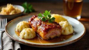 Schweinshaxe mit Bratensoße und Knödeln