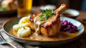 Schweinshaxe mit Speck-Pilz-Rahm