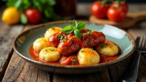 Südtiroler Currywurst mit Käseknödeln