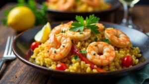 Seafood-Paella mit alaskischen Garnelen