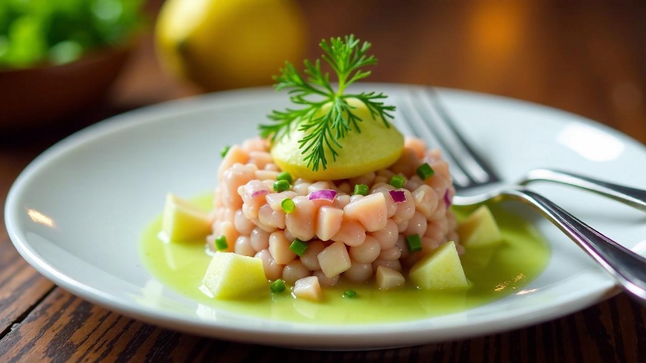 Seebarschtatar mit Apfel und Zwiebel