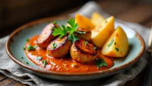 Seitan-Currywurst und Ofenkartoffeln