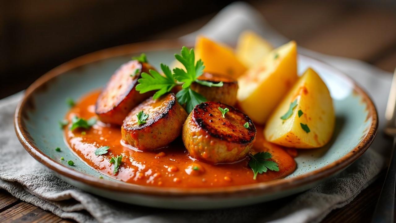 Seitan-Currywurst und Ofenkartoffeln