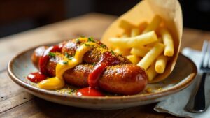 Senf-Currywurst mit Knoblauchsoße und Pommes