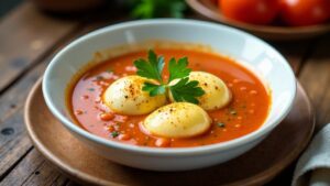 Senfeier mit Tomaten-Senfsuppe