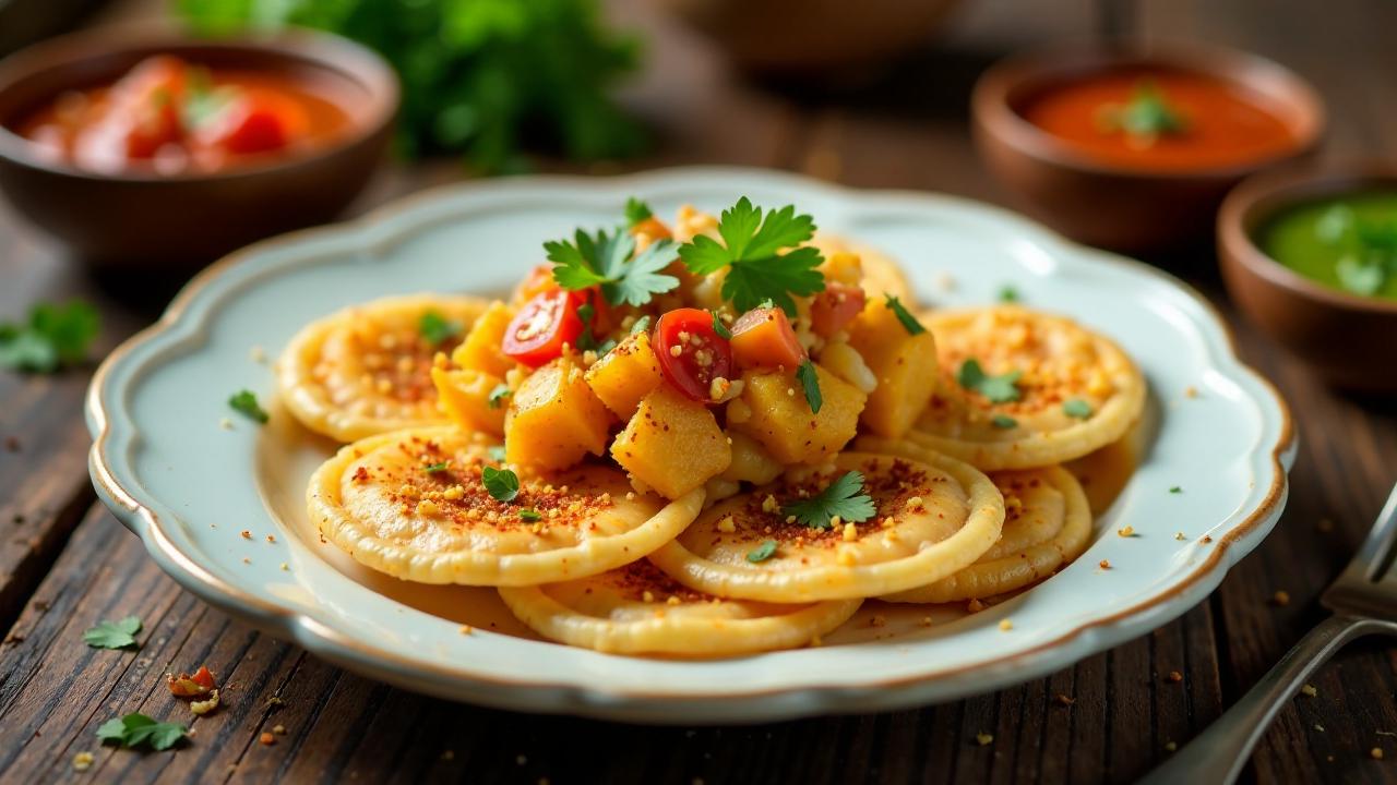 Sev Puri – Krosses Reisfladen mit Kartoffeln, Tomaten und Chutneys