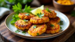 Süßkartoffel-Fritters mit Curry-Dip