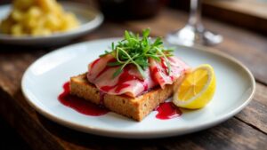 Smørrebrød mit Aal und Rübenkraut