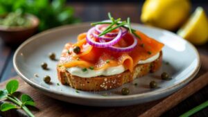 Smørrebrød mit geräuchertem Makrelenfilet