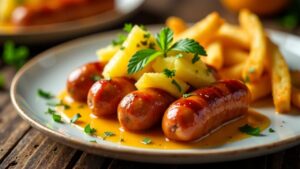 Sommerliche Currywurst mit Ananassauce und Kokosnuss-Pommes