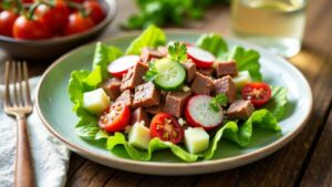 Sommerlicher Leberkäsesalat mit Feldsalat