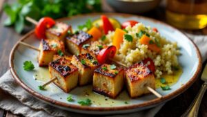 Souvlaki mit Halloumi-Quinoa-Salat