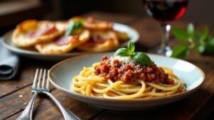 Spaghetti Bolognese mit Badischem Flammkuchen