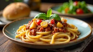 Spaghetti Bolognese mit Oberbayerischer Leberkäs