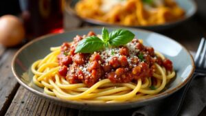 Spaghetti Bolognese mit Wiesbadener Käs’spatzen