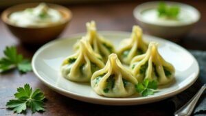 Spinach-Paneer Momos mit Joghurt-Dip