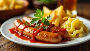 Spätzlereis-Currywurst und Pommes