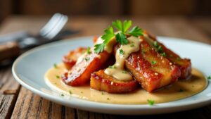 Stekt Fläsk med löksås (Gebratener Speck mit Zwiebelsauce)