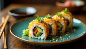 Sushi mit Heuschrecken und Avocado