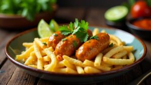 Thailändische Currywurst und Reis-Pommes