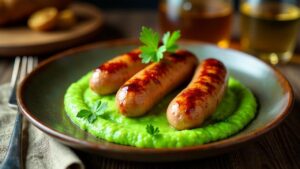 Thüringer Rostbratwurst auf Erbsenpüree