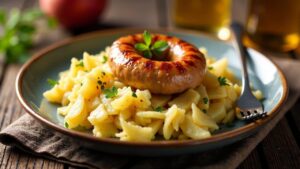 Thüringer Rostbratwurst auf frischem Sauerkraut-Bett