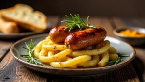 Thüringer Rostbratwurst im rustikalen Kartoffel-Nest