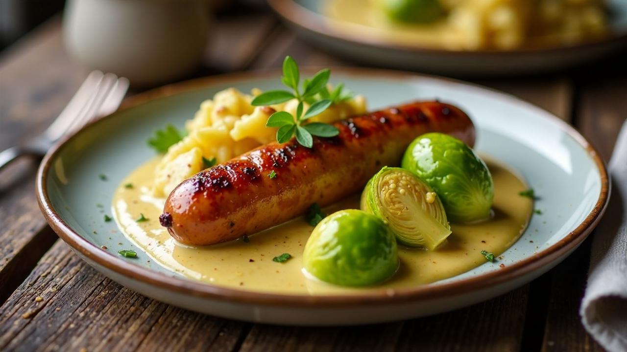 Thüringer Rostbratwurst in Rosenkohl-Senfsoße