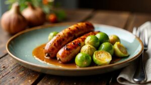 Thüringer Rostbratwurst mit Rosenkohl und Maronen