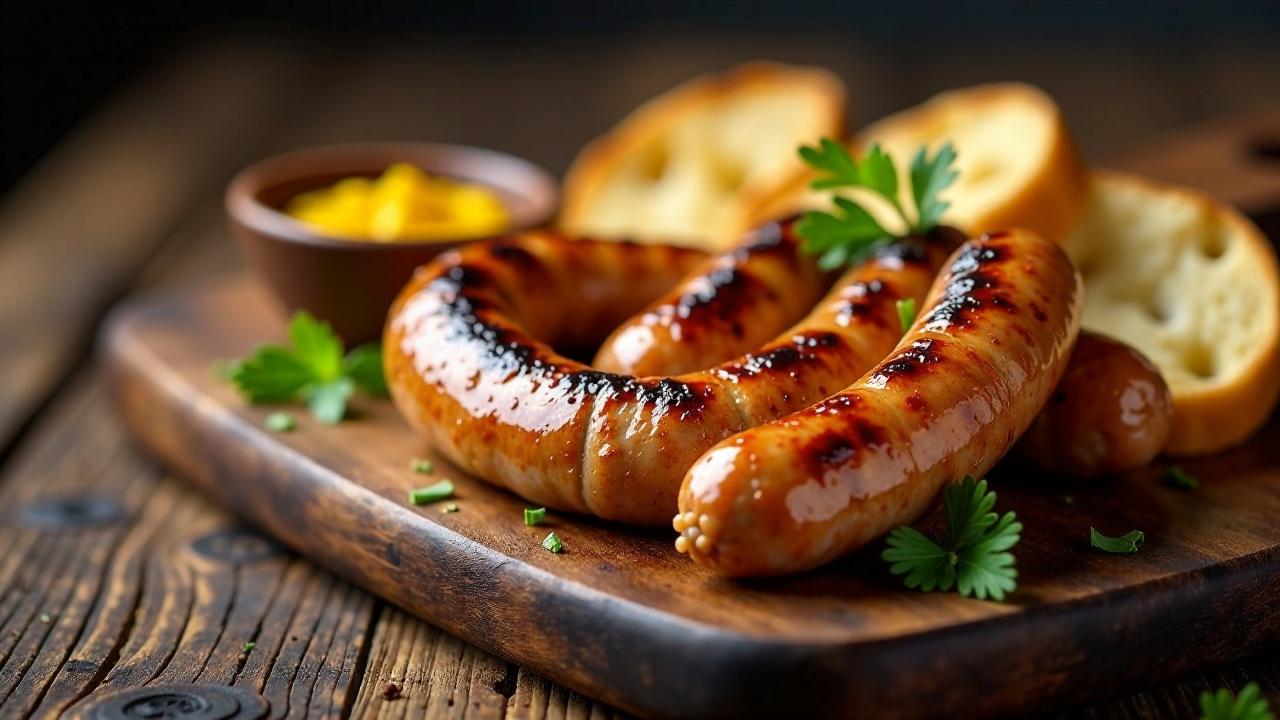 Thüringer Rostbratwurst mit süßem Senf und Röstbrot