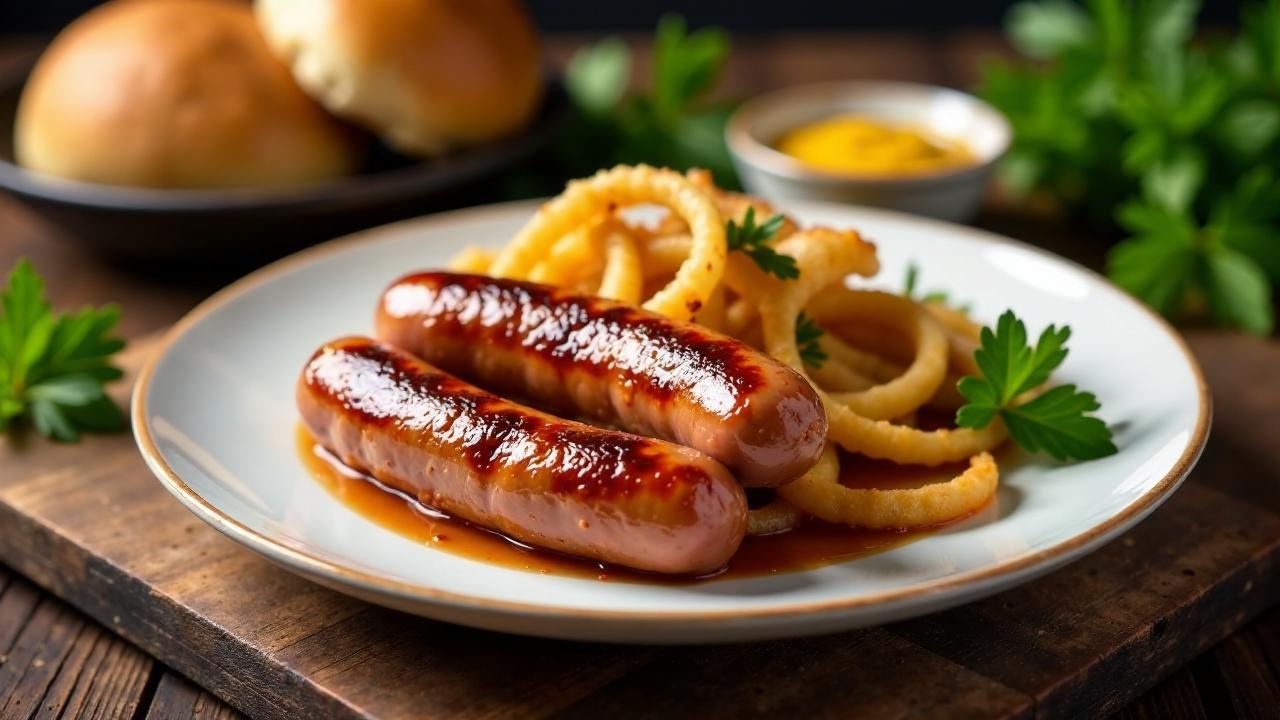 Thüringer Rostbratwurst mit süßem Senf und Zwiebeln