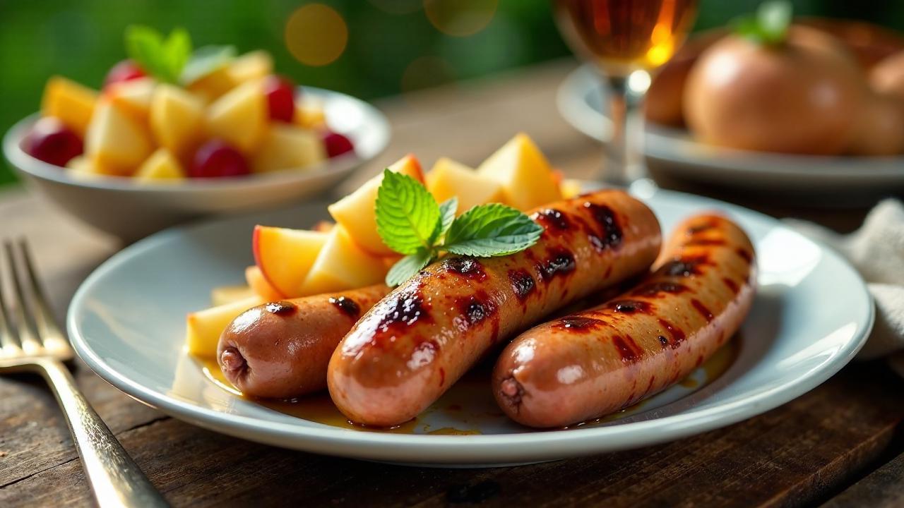 Thüringer Rostbratwurst und Obstsalat