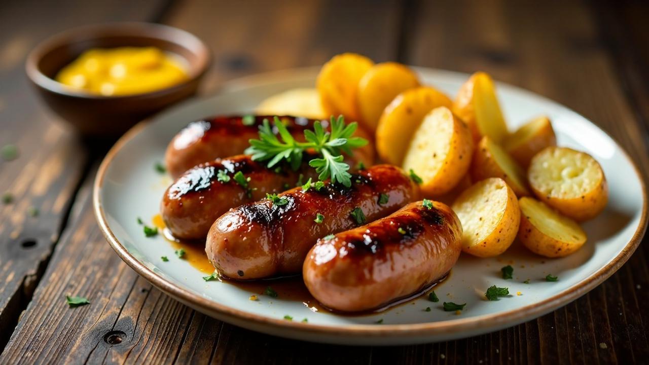 Thüringer Rostbratwurst und gebratene neuen Kartoffeln