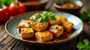 Tranchen von mariniertem Tofu