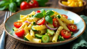 Tricolor-Nudelsalat mit Basilikumpesto