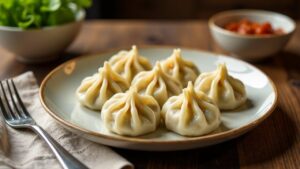 Veg Momos mit Pilzen und Lauch