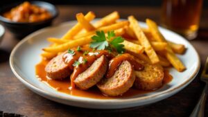 Vegane Currywurst mit Süßkartoffelpommes