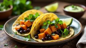 Vegane Tacos mit Süßkartoffeln und schwarzen Bohnen