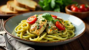 Vollkorn-Pasta mit Pesto und Hühnchen