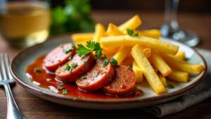 Wein-Freund-Currywurst mit knusprigen Selleriepommes